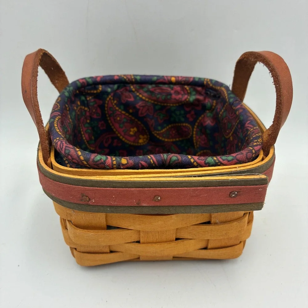 Longaberger 1999 Small Square Handwoven Basket Leather Handles Paisley Liner